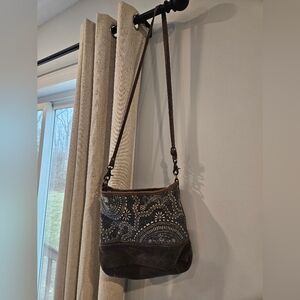 Myra Bag Brown Boho Crossbody with Patterned Panel